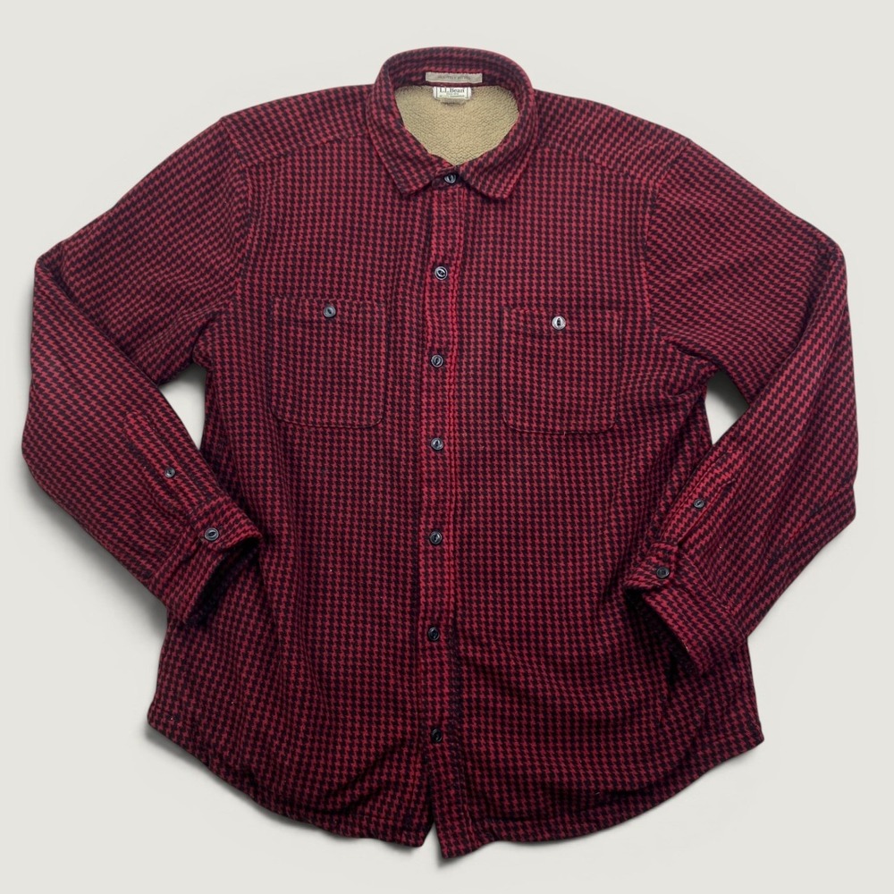 LL Bean Mens L Shirt Jacket Red Houndstooth Sherpa Lined Slightly Fitted Shacket